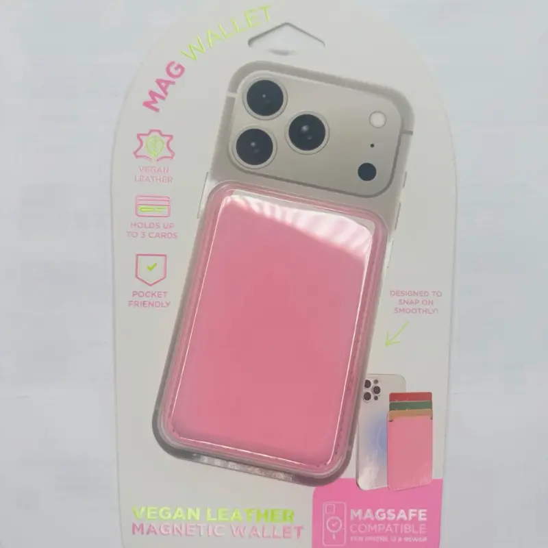 Magsafe Vegan Leather Magnetic Wallet - Pink  Compatible with iPhone 13, 14, 15, 16, 17, 18, 19, 20, 21, 22, 23, 24, 25, 26, 27, 28, 29, 30, 31, 32, 33, 34, 35, 36, 37, 38, 39, 40, 41,