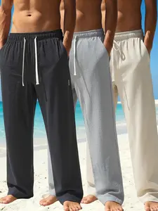 Men's 3-Pack Plain Baggy Wide-Leg Pants, Wrinkle-Textured, Elastic Drawstring Waist, Loose Fit, Side Pockets, Lightweight Breathable Summer Linen-Look Trousers for Beach Vacation & Daily Lounging, 3-Piece Set 1