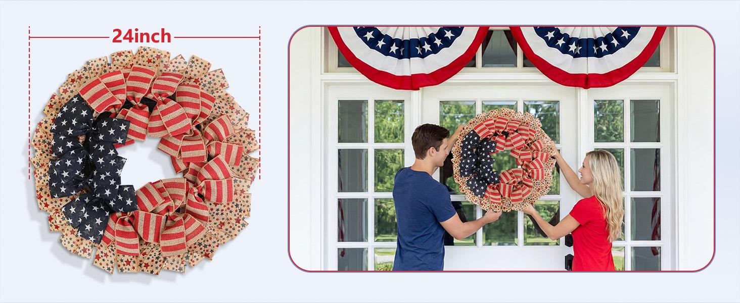 24Inch 4th of July Wreath  Patriotic Burlap, Stars & Stripes, USA 250th Anniversary  Memorial Day Flag Decor for Front Door Outdoor