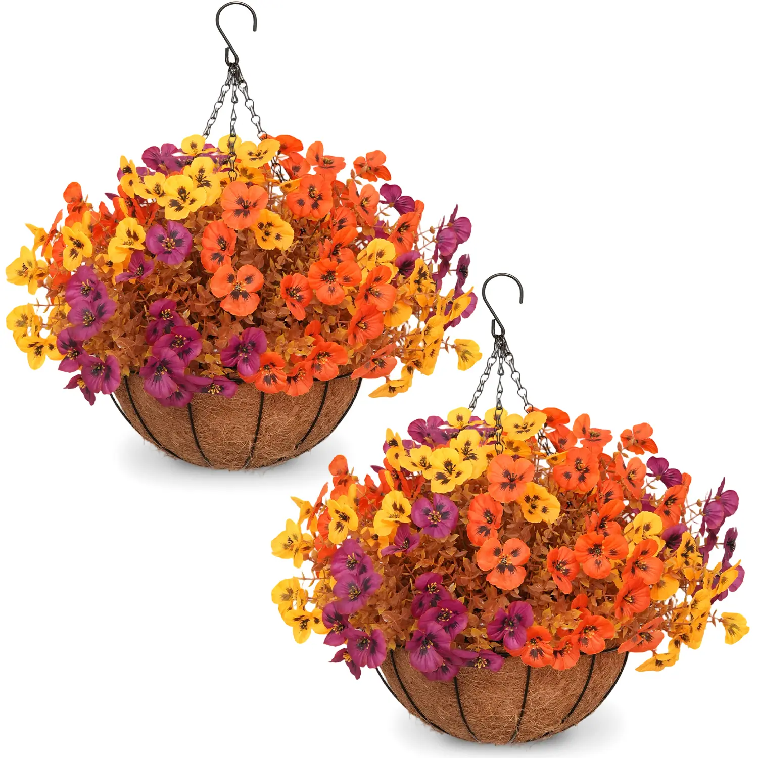 2pcs Artificial Hanging Flowers Baskets with 24 Realistic Pansies & Eucalyptus - UV-Resistant Outdoor/Indoor Fall Decor for Porch, Patio, Balcony, Yard - Includes Hanging Baskets & Greenery
