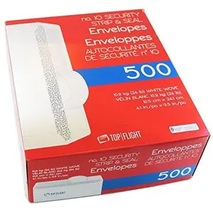 Top Flight PSTF10NWT #10 Envelopes, Strip & Seal, Security Tinted, White Paper, 24 lb, 500 Count