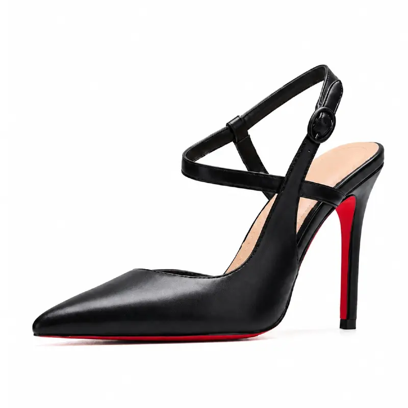 Women's Custom Fit Black Red-Bottom Stiletto Heels, Pointed Toe Adjustable Strap Pumps, Elegant Formal Footwear for Party, Wedding, Breathable Shoe