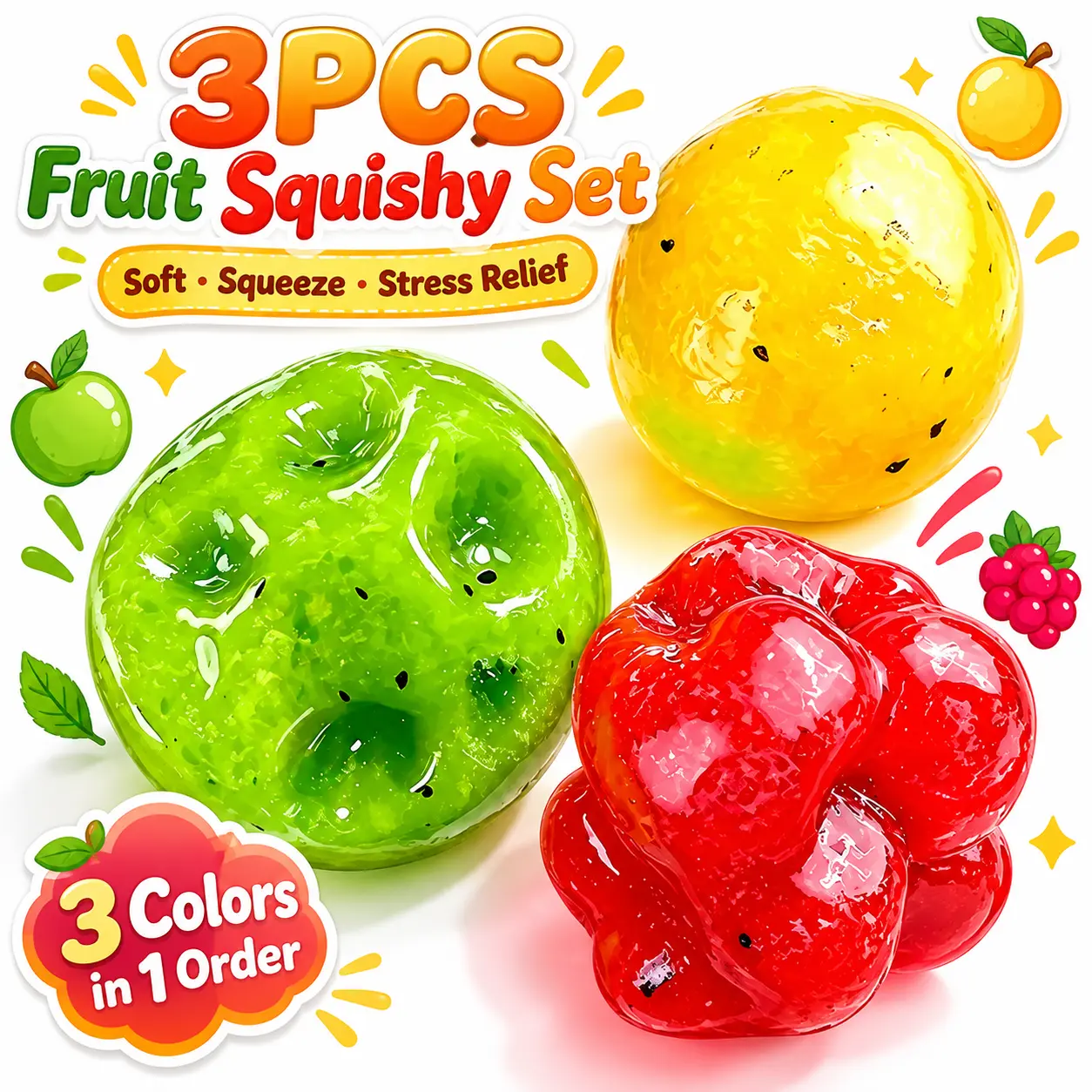 Fruit Squishy Stress Relief Toy 3PCS, Cute Fruit Fidget Toys for Kids and Teens, Soft Squeeze Sensory Toys with Colorful Fruit Shapes, Fun Desk Accessories for School Study Breaks, Office Relaxation, Bedroom Decoration, Party Gifts, Birthday Gift Ideas