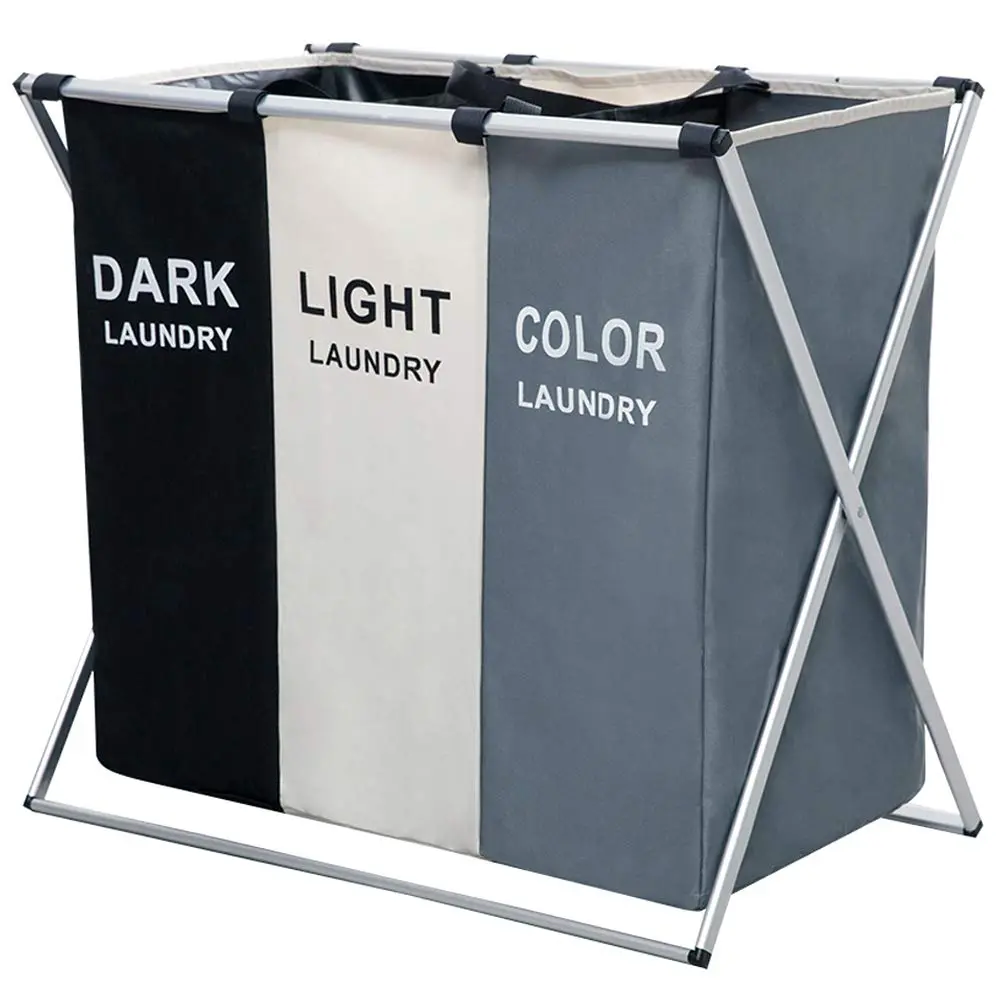 Collapsible Laundry Hamper 3 Section Laundry Sorter Basket with Lid Portable Folding Aluminum Frame Dirty Clothes Organizer Waterproof Oxford Fabric Large Capacity for Bathroom Bedroom Laundry Room