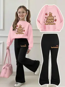 Cute Cartoon Capybara Sweater Set for Girls Ages 4-12, & Fitted with Strawberry Decorations, Casual Comfortable Wear, Cute Clothing Set