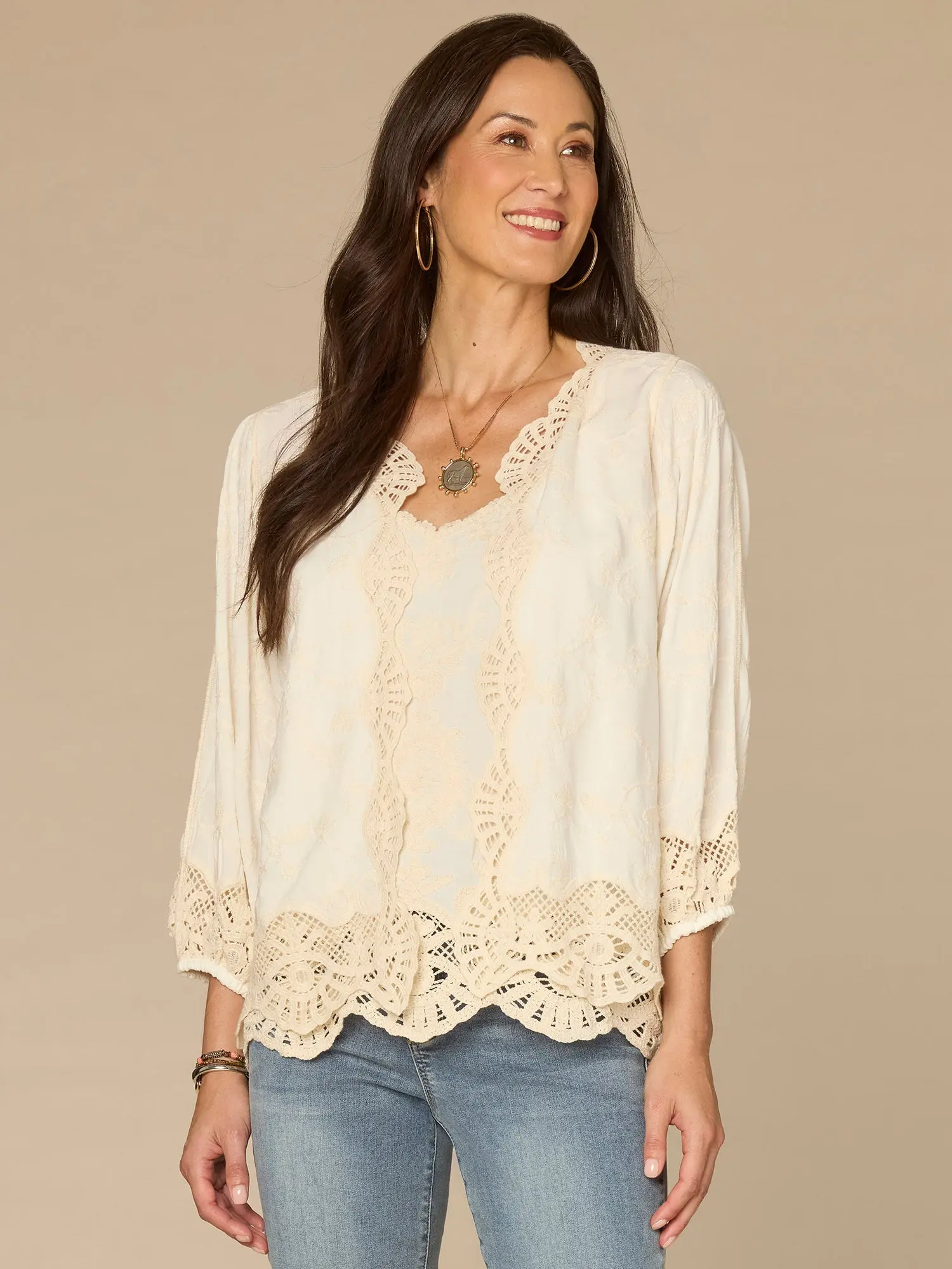 Three Quarter Blouson Sleeve Open Front Crochet Cropped Woven Jacket