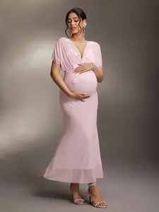 ELARA Romance Aesthetic Pregnant Gown Textured Blossoms Flutter Arms Plunging Neckline Double Layer Baby Shower