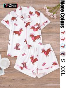 women's all over print shirt & shorts pyjama two-piece set, casual comfy shortsleeve top & shorts pj set, loungewear, pajamas, womenswear, pajama sets, summer sleepwear, matching pj set, cute pajama sets, stepmom matching pjs