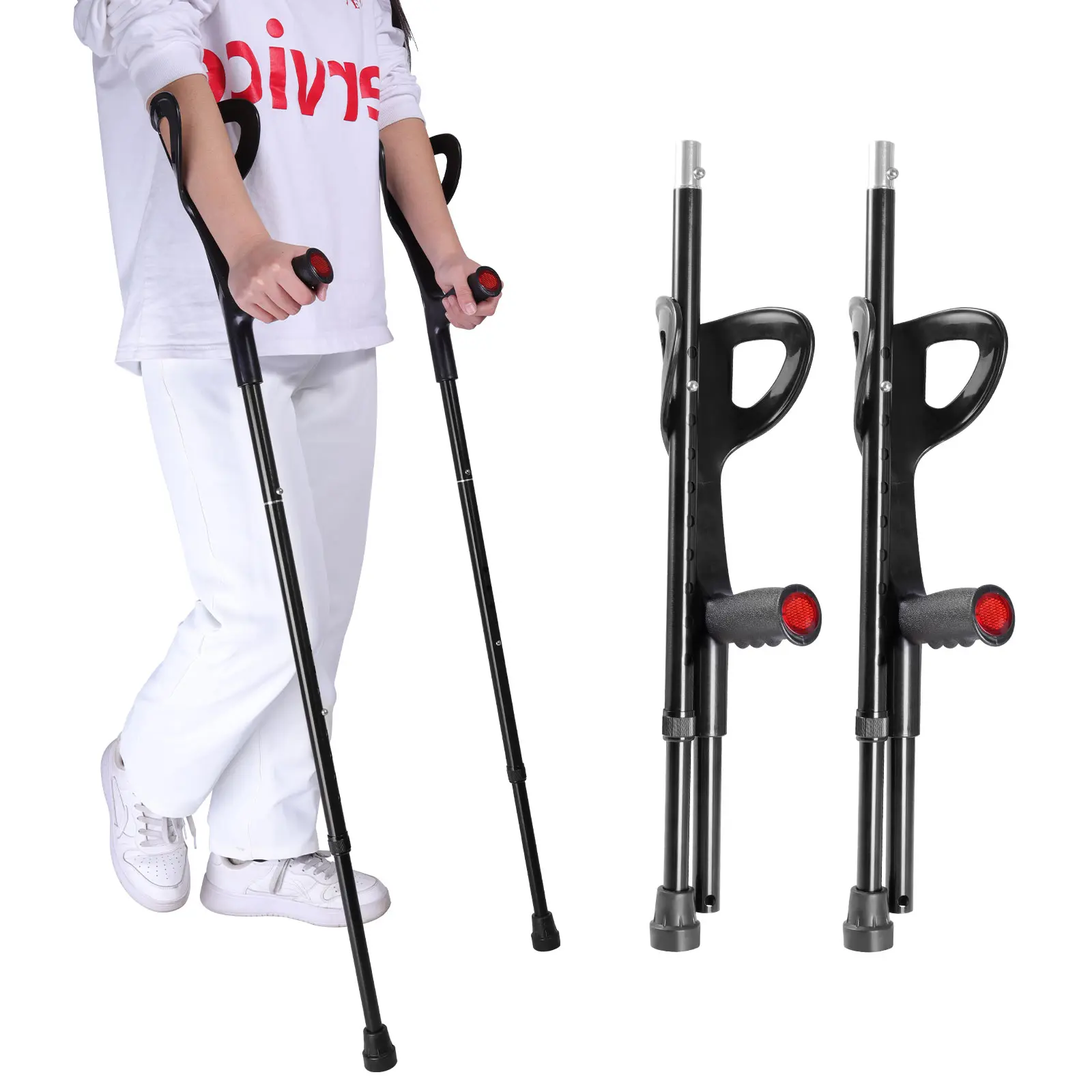 Forearm Crutches for Adults (1 Pair), Lightweight Elbow Crutches with 10 Adjustable Heights 30.4"-39.4", No Underarm Pain Medical Crutches with Anti-Slip Foot Pads & Safety Warning Lights, Portable for Post Surgery Injury Seniors Indoor Outdoor cane cane