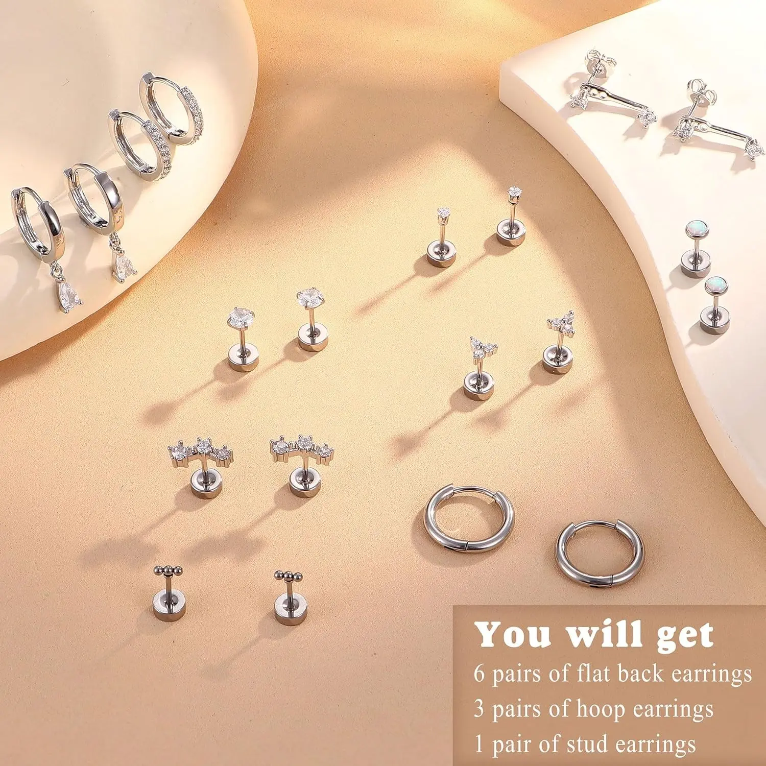 MILACOLATO Hypoallergenic Flat Back Earrings 14K Plated Gold  14K Gold Plated Earring Sets 6 Pairs Flat Back Studs Small Hoops Cartilage main image 0