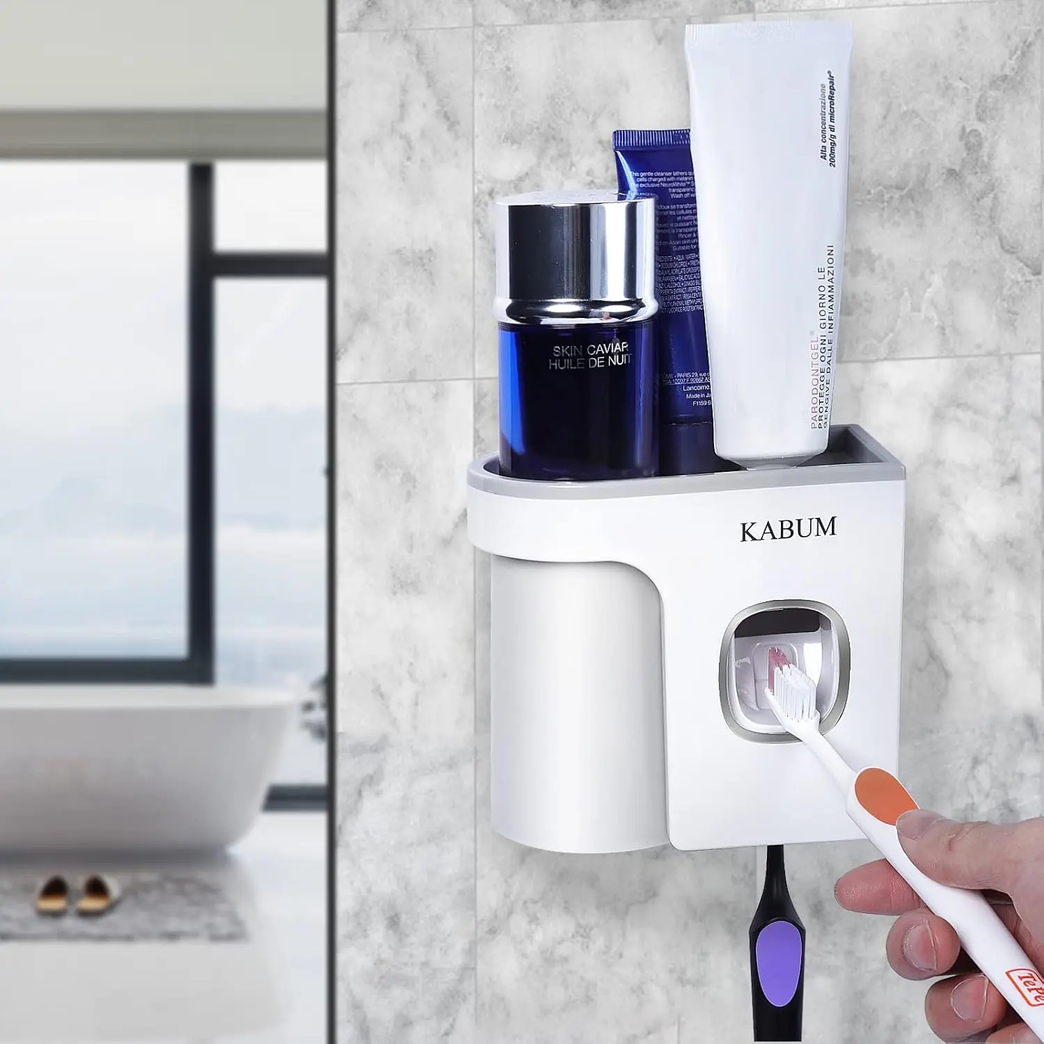 Toothbrush Holders for Bathrooms Toothpaste Dispenser - Cup Automatic Toothpaste Squeezer Wall Mounted, Toothbrush and Toothpaste Holder, Grey Box Glass