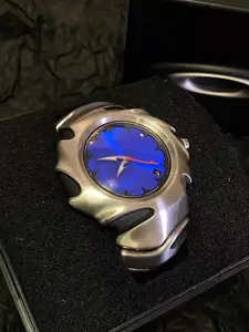 Dark Vanguard Style Unique Watch, Irregular Fluid Metal Case, Royal Blue Floral Dial, Needle Calendar, Unisex Quartz Analog Watch
