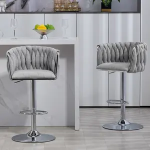 Dreamzon 360° Fabric cover Swivel Bar Stools Set of 2, Adjustable Counter Height Bar Chairs with Woven Back & Footrest,Silver chromed  Bar Stools for Kitchen Island, Cafe, Pub (Gray)