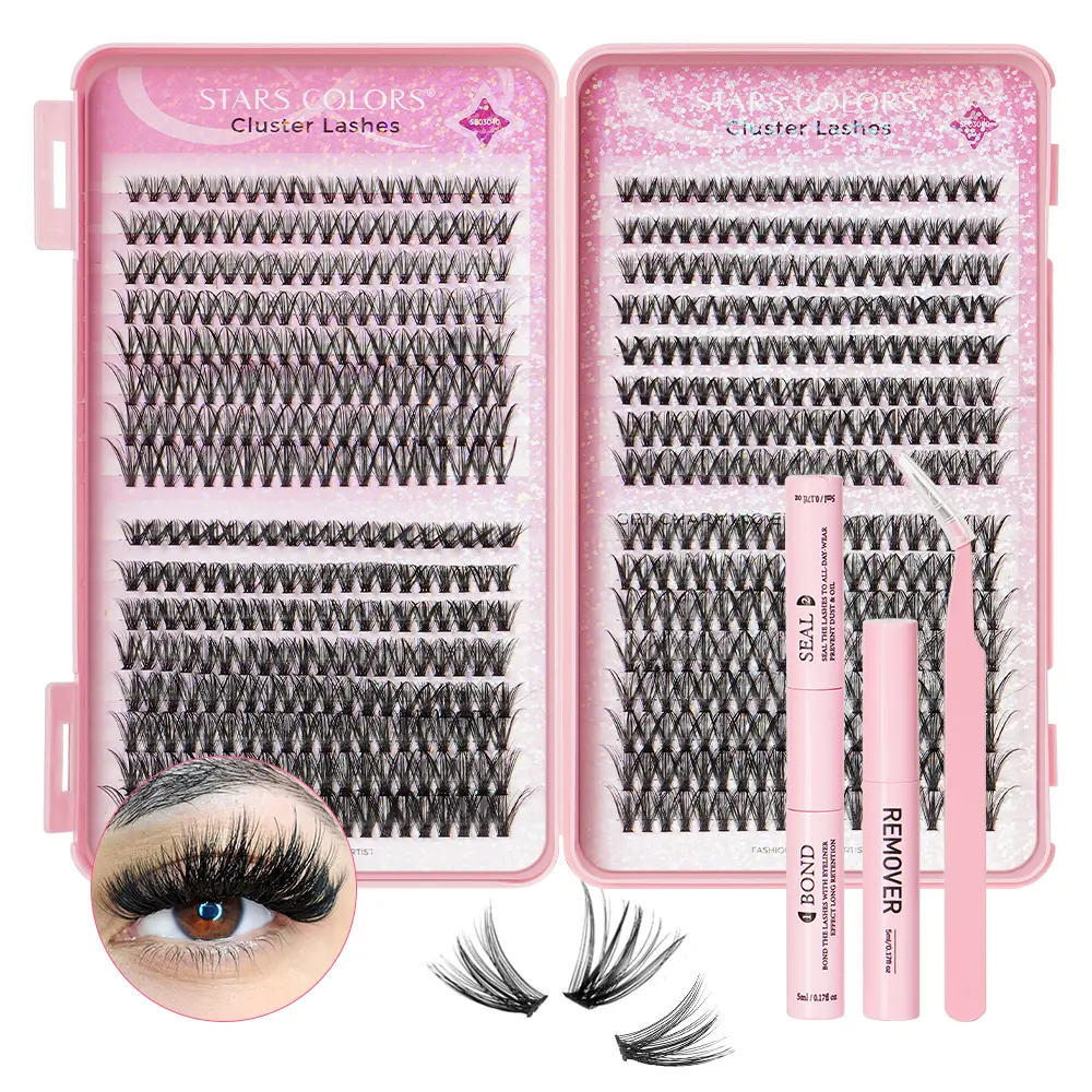 Star-Gathering Eyelash Book Cosmetic Set - Mixed-Style 30D/40D/50D Lash Clusters with Black Base, Eyelash Extension Tools, Travel-Friendly Kit, Eyeliner Applicator, Sealer, 4ml Solution, Spring Tweezers for Makeup Styling