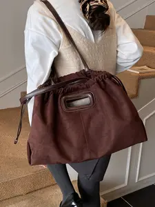 Vintage Casual Faux Fur Drawstring Tote Bag, Hollow Out Handle Design, Commuter Leisure Single Shoulder Handbag for Women