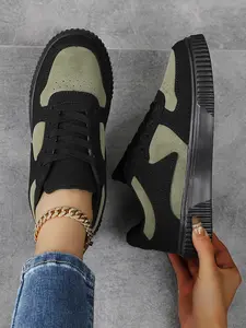 Colorblock PU Leather Sneakers, Breathable Laces, Low Top Training Shoes, Casual Streetwear, All Seasons