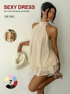 2026 European Style Halter Backless Chiffon Skirt, Summer Sleeveless Waist-Cropped Layered A-Line Dress, Sexy Shoulder-Exposed Fairy Dress dresses  sundress  wrap around dress  bubble dresses