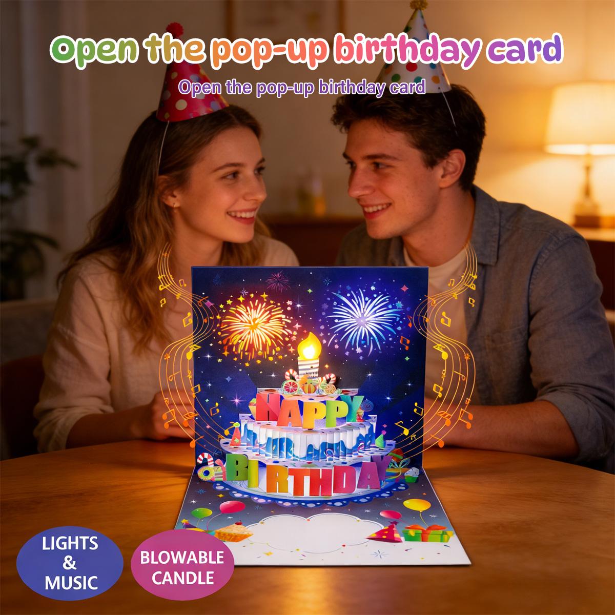 Blowable Firework Birthday Cards 3D Pop Up , Musical LED Lights Birthday Cards with Birthday Cake, Greeting Cards, Birthday Gifts for Mom Women Men Kids Child Dad Father Wife