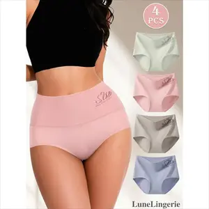 LuneLingerie Women's High-Waist Cotton Panties - Tummy Control, Breathable, Stretchy, Mixed Color(4pcs), Plus-Size Style, Comfortable Lingerie for Everyday & Sports Wear (Sports & Outdoor Clothing)