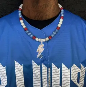 Iced Bling Disco Ball Rhinestone Pollyanna Crystal Bead Baseball Softball Necklace Red, White, Sky Blue + Lightning Pendant