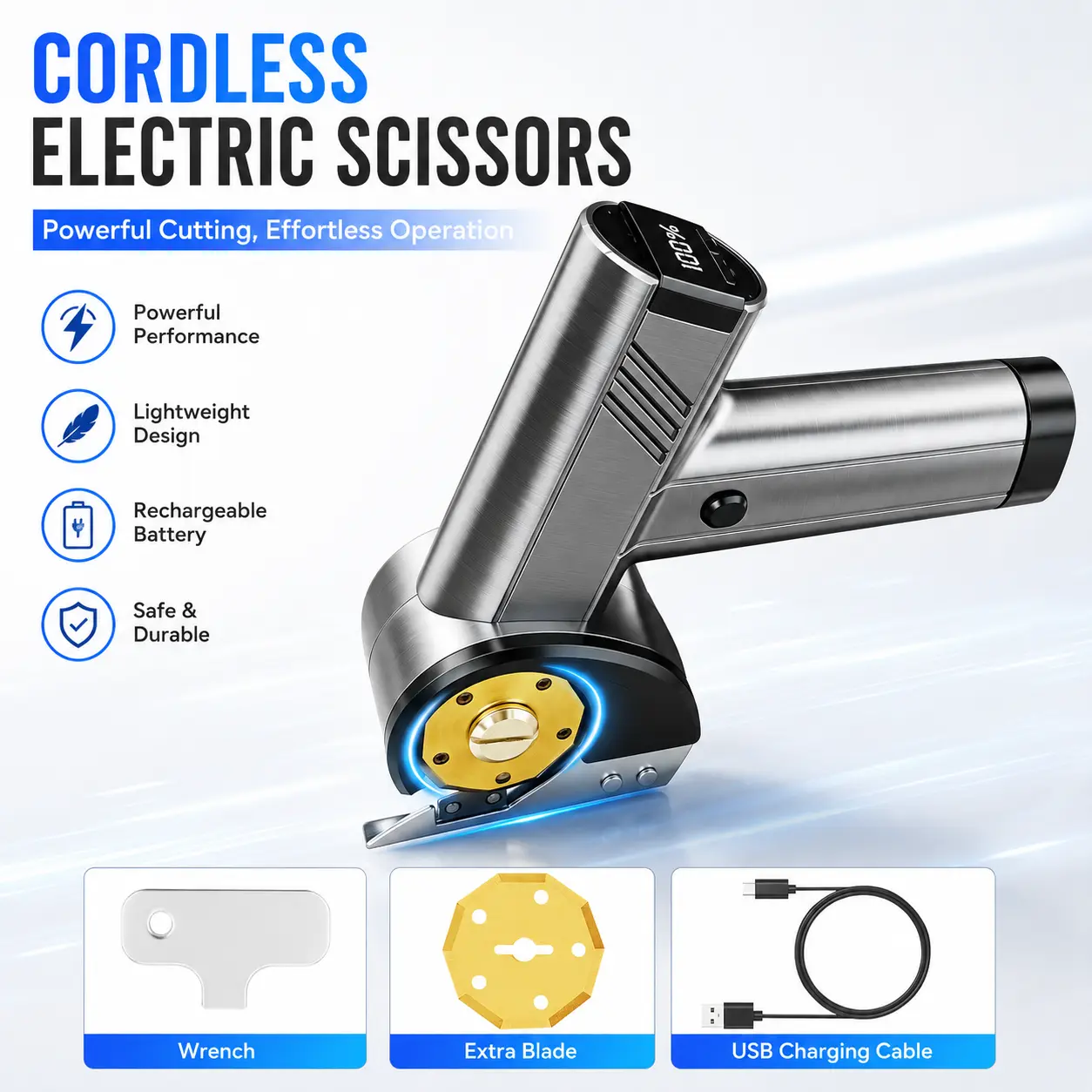 Cordless Electric Scissors – 4V Rechargeable Heavy Duty Cutter with 4-Speed Settings, Safety Lock, LED Light, Long Battery Life & 2 Extra Blades, Perfect for Fabric, Cardboard, Leather & Crafting, summerwins