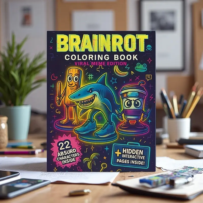 Ultimate Meme Gift Brainrot Coloring Book, Features 22 Viral Characters, Vibrant Cartoon Design, Creativity, Hidden Interactive Pages, Ideal for Adults & Teens, Meme Culture, Gen Z, Humor