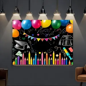 Graduation Party Background Banner, Colorful Pencils, Grad Cap & Balloons Design, Photo Booth Decor, Classroom Decoration, Durable Polyester Material
