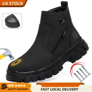 Steel Toe Boots For Men-6 Inch Faux Leather Slip On Work Boots Mens Steel Toe Shoes Non Slip Resistant Ankle Industrial Construction Boot, Black/Wheat/Brown, US Size 6-14