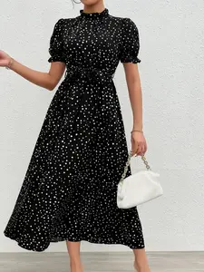 DUNEA Women's Classic Black Pin Dot High Waist Maxi Dress, Elegant Ruffle Trim Short Sleeve Collared Dress, Clothes for Spring and Fall, Ladies Clothes for Daily Wear, Vacation Dress, Regular Elegant Classy Casual Long dress, Womenswear, graduation dress