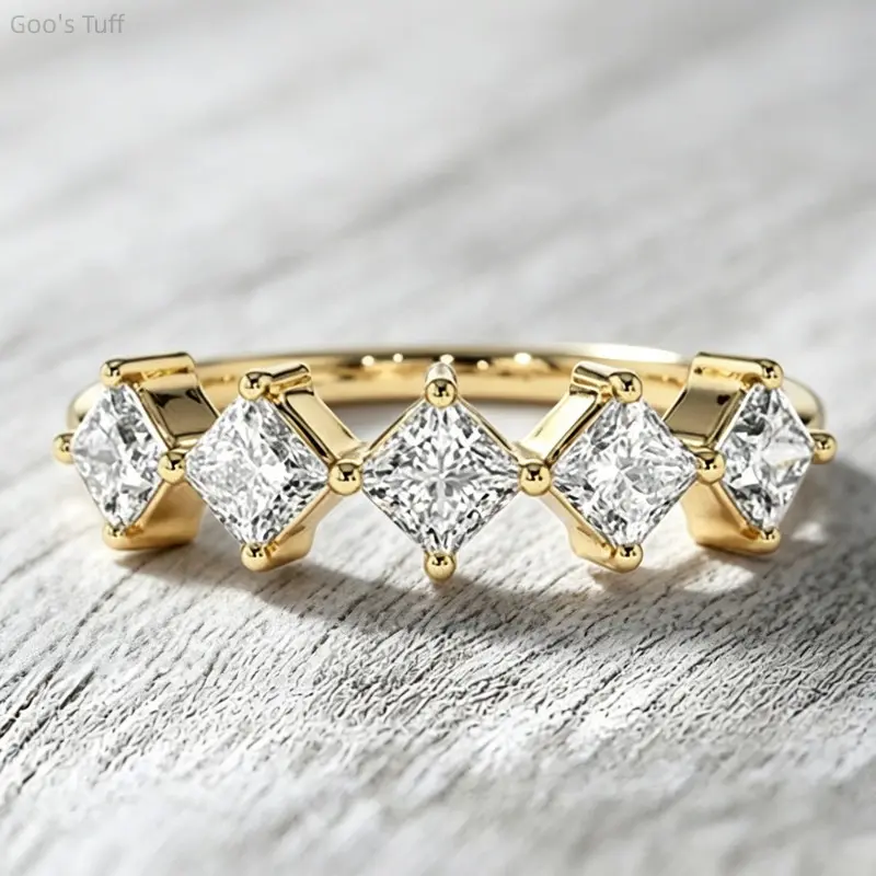 Minimal Thin Stackable Pinky Ring, Viral 5-Connected Princess Cut Stones Continuous Design, Daily Office Jewelry Gift for Women