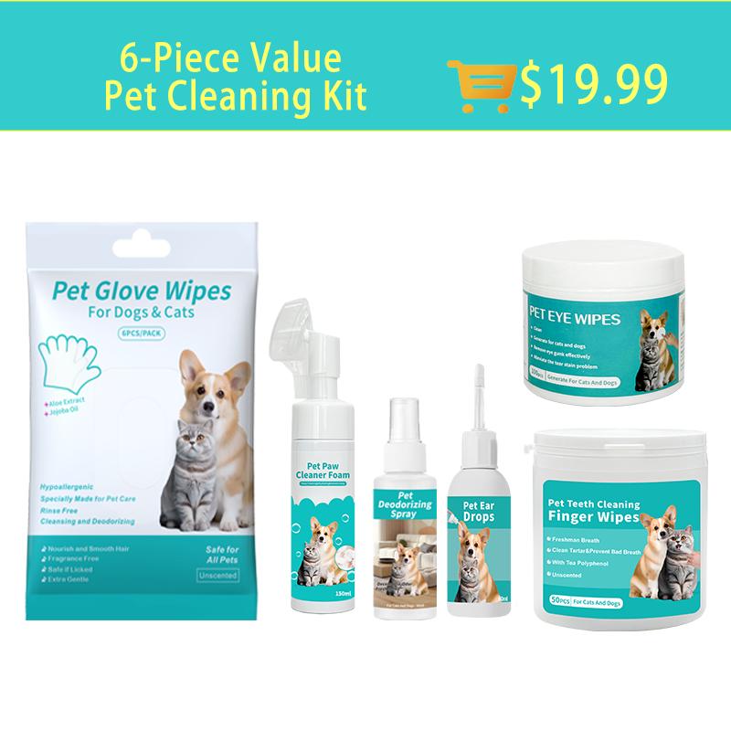 6Piece All-in-one Grooming Kit - Pet Grooming Glove Wipes 6PCS/PACK & Pet Teeth Cleaning Finger Wipes 50pcs & Pet Eye Wipes 100 Pcs &  Pet Ear Drops 60ml & Pet No-Rinse Paw Cleaner 100ml & Pet Deodorizing Spray 60ml