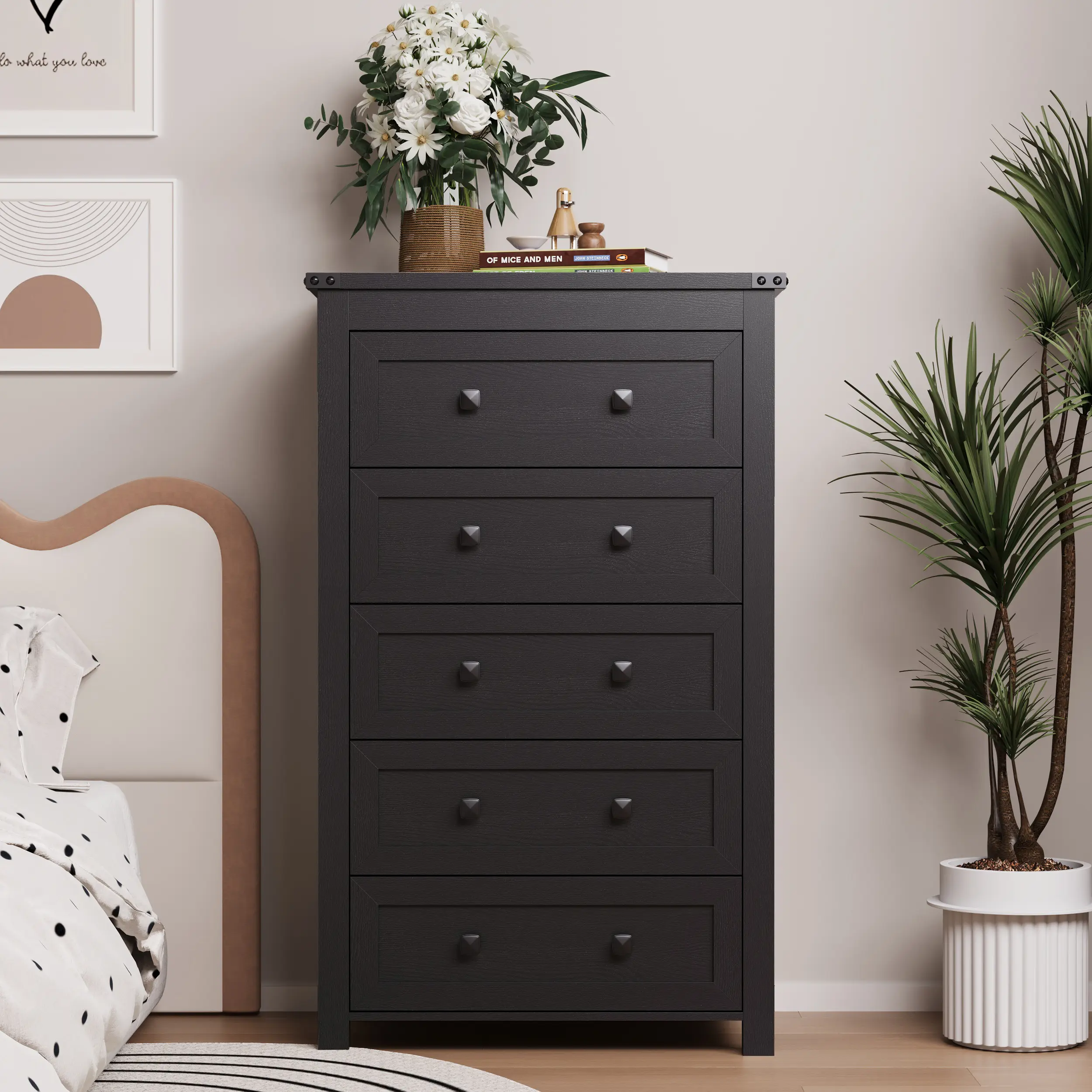 Wooden Dresser for Bedroom - 5-Drawer Farmhouse Wood Nightstand, Modern Closet Storage Organizer, TV Stand Dresser, White Small Chest of Drawers for Living Room, Fathers Day Gift Idea, Storage Design Furniture