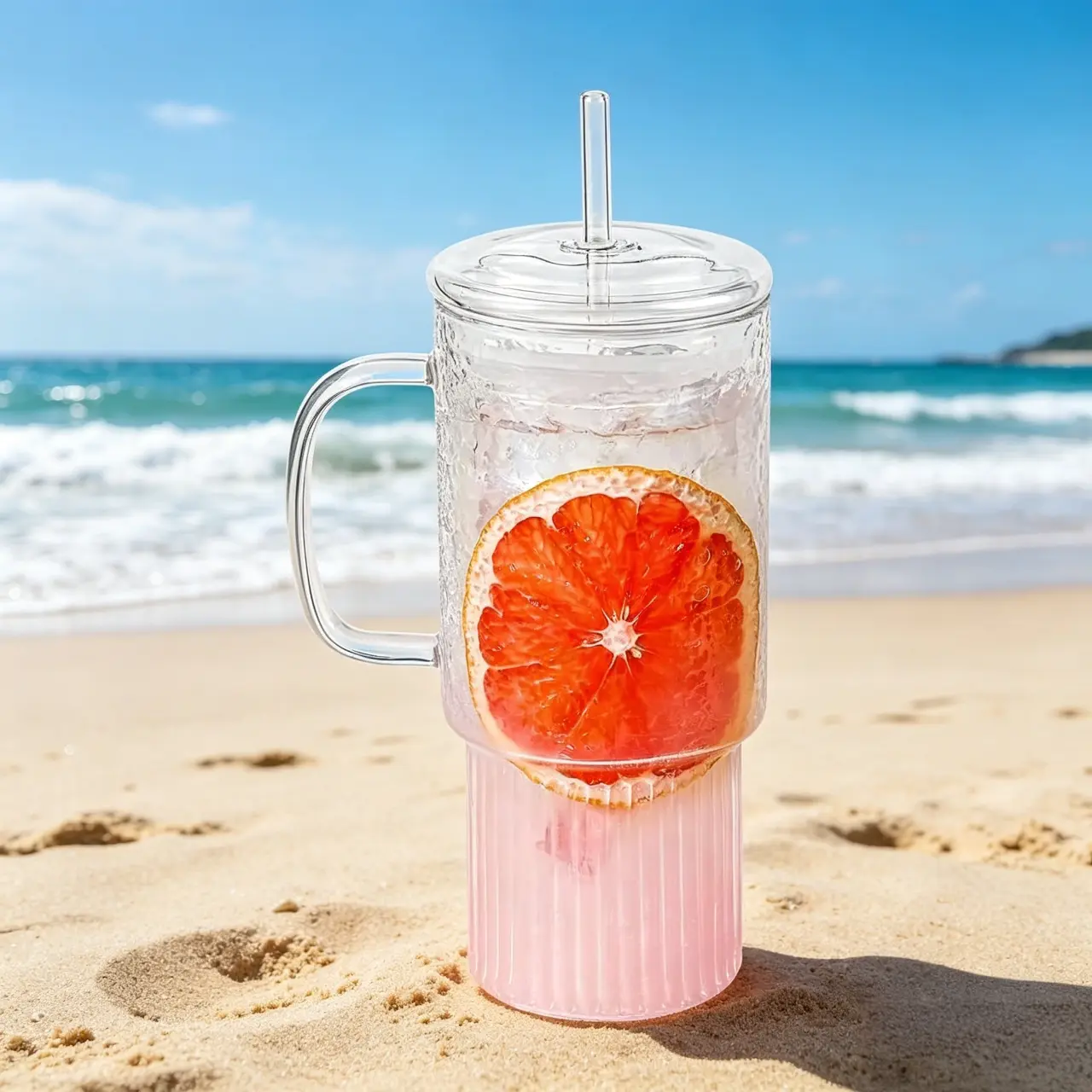 Sturdy 32oz Traditional Ribbed Glass Mug with Handle, Lid and Straw - Iced Coffee Glasses, Cocktails Drinkware - Reusable Travel Cup, Dishwasher Safe, Glass Mug With Lid And Straw Glasses