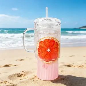 32oz Ribbed Glass Cup with Handle glass Lid and Plastic Straw, Glass Tumbler, Iced Coffee Cups Hot/Cold Drinks,Drinkware