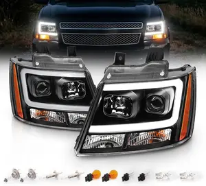 AmeriLite for 2007-2013 Chevy Avalanche Suburban Tahoe Super Bright LED Bar Projector Halogen Black Headlights Pair - Passenger and Driver Side