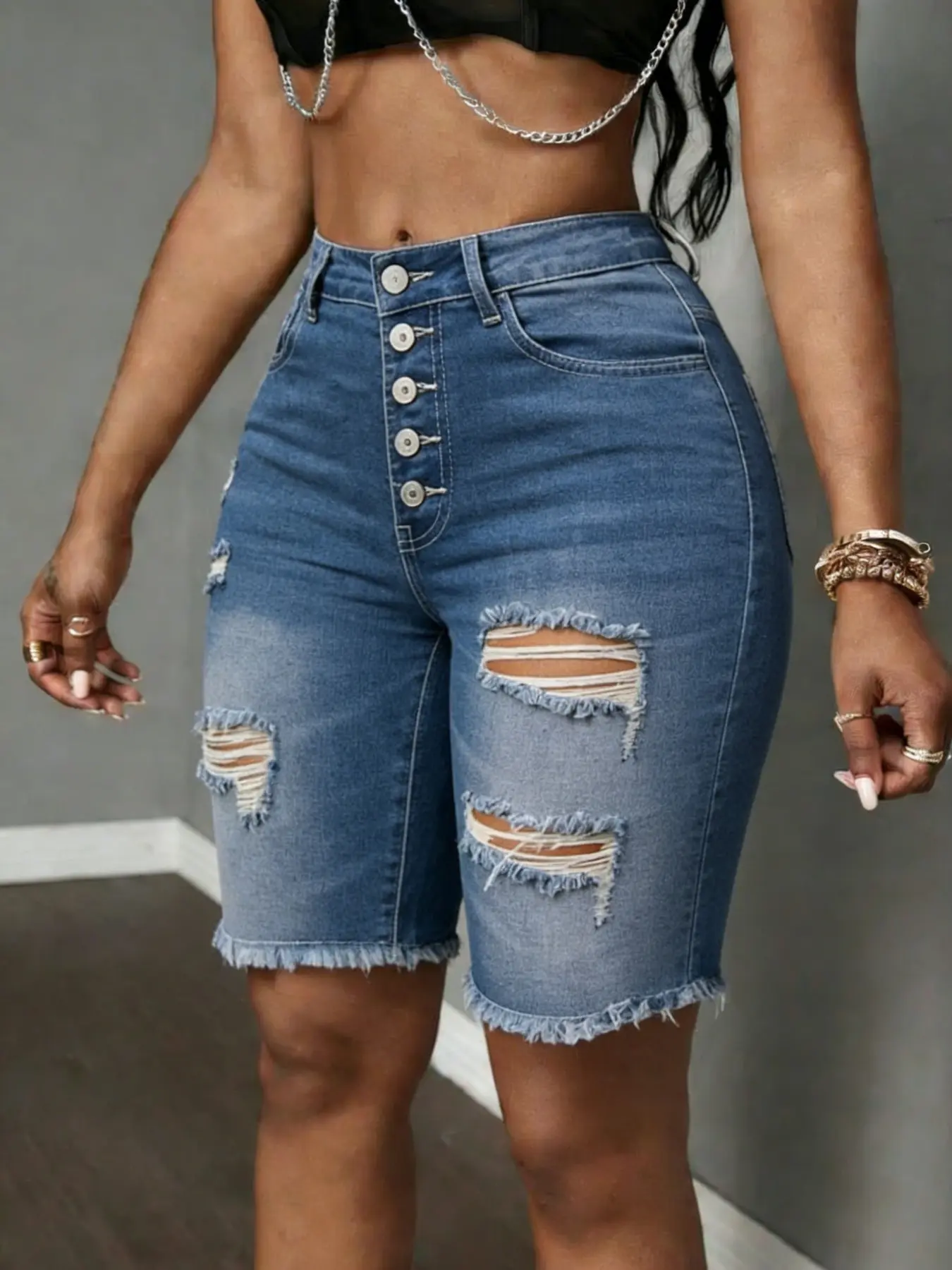 American Street Style Ripped Button Front Medium Wash Denim Five-Pocket Shorts Bottoms, High Elastic Comfort Durable Streetwear
