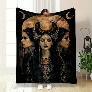 Hecate Triple Goddess Flannel Throw Blanket - Reversible Cartoon Art Print For All-Season Use At Home Or Office |   Unique Mythological Gift warm flannel blanket