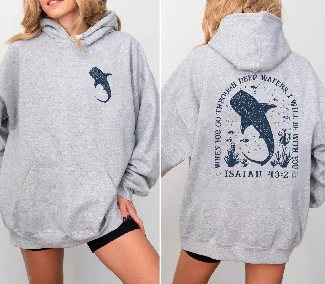Christian Whale Shark 2 Sided Hoodie, Bible Verse Sweatshirt, Ocean Faith Sweater, Isaiah 43:2 Shirt, Jesus Shark Gift, Coastal God Sweatshirt