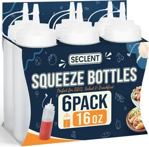 16 oz Condiment Squeeze Bottles, Squirt Bottles for Sauces, Ketchup, Plastic Squeeze Bottle for Liquids, Leak Proof, Dressing Bottle for Syrup, Pancake Batter, oil, Arts and Crafts, Pack of 6