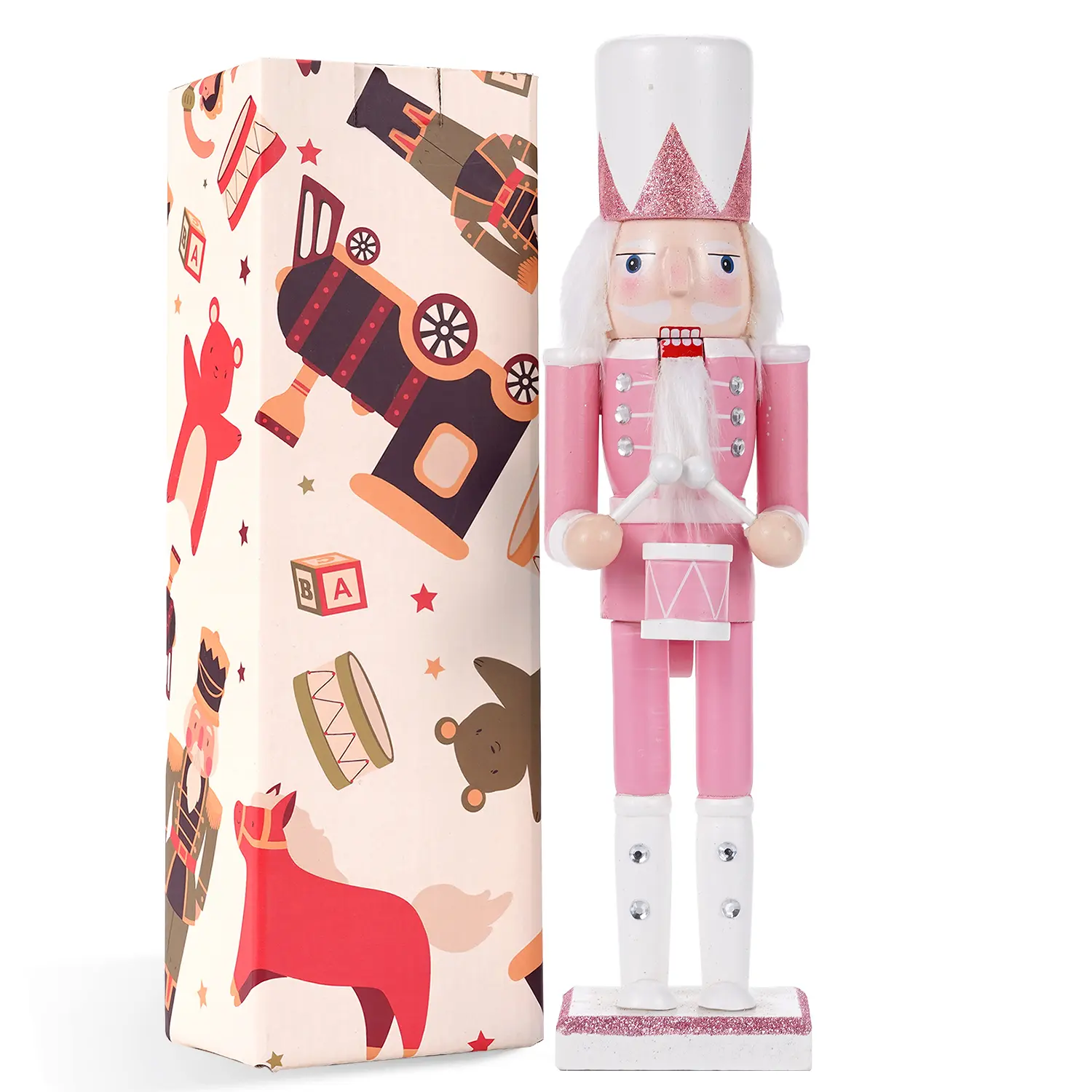 > 30cm Pink Drummer Nutcracker Soldier, Wooden Handcrafted Nutcracker Ornament, Christmas Home Decor, Festive Holiday Gift Tabletop Decoration  >