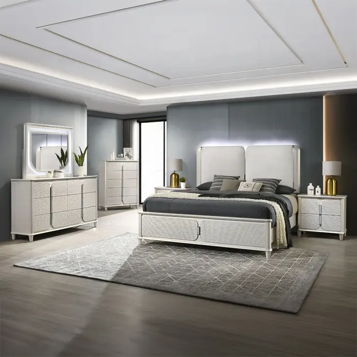 Laveda BD03792Q Queen LED Lighting Headboard Set, 4-Pc Pearl White with Wood-Fabric Padded Design for Modern Bedrooms