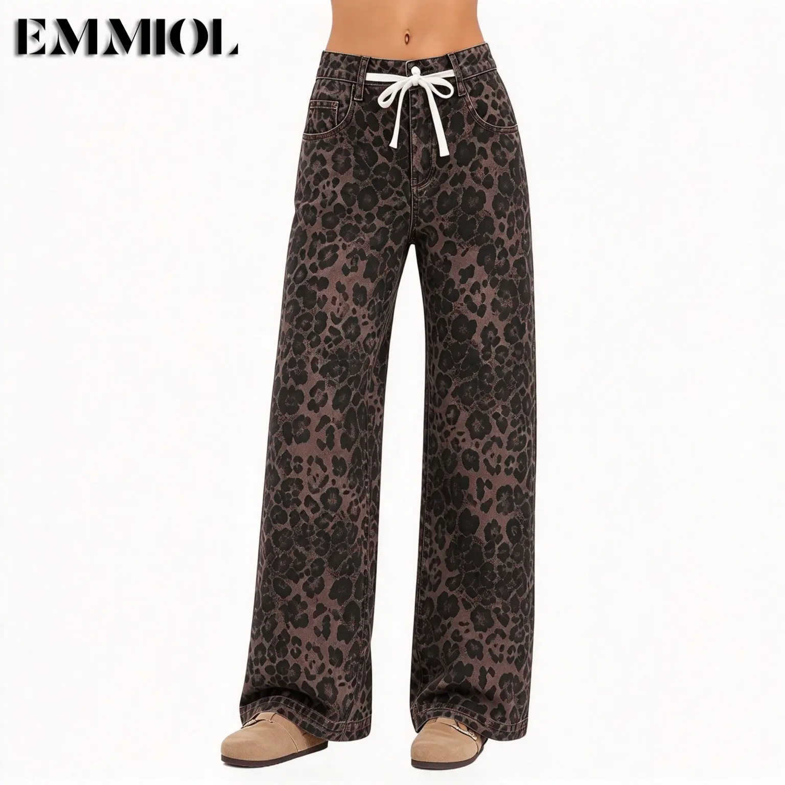 EMMIOL Vintage Brown Leopard Print Wide Leg Jeans | High Waist Baggy Denim Pants, Drawstring Waist, Functional Pockets, Y2K 90s Aesthetic, Fall Winter, Back To School New Arrival SohoChic【Back to School】
