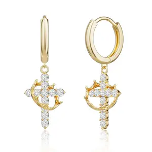 Crown Cross Earrings for Women 14K Gold Plated Diamond Drop Dangle Cross Hoop Earrings Small Huggie Hoops Faith Cross Jewelry Gifts for Women Men Unisex Inlaid Rhinestone Star Moon Earrings shin  ma  body  jewelry