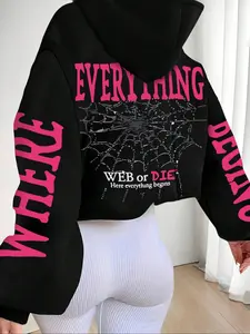 Women's Loose-Fit Knit Hooded Pullover Sweatshirt with Letter Print, Spider Web Design, Casual Fall & Winter Wear, Daily Outdoor Activities