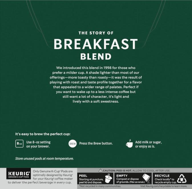 Starbucks Breakfast Blend, Medium Roast K-Cup Coffee Pods, 32 Count K Cups Beverage Sugar