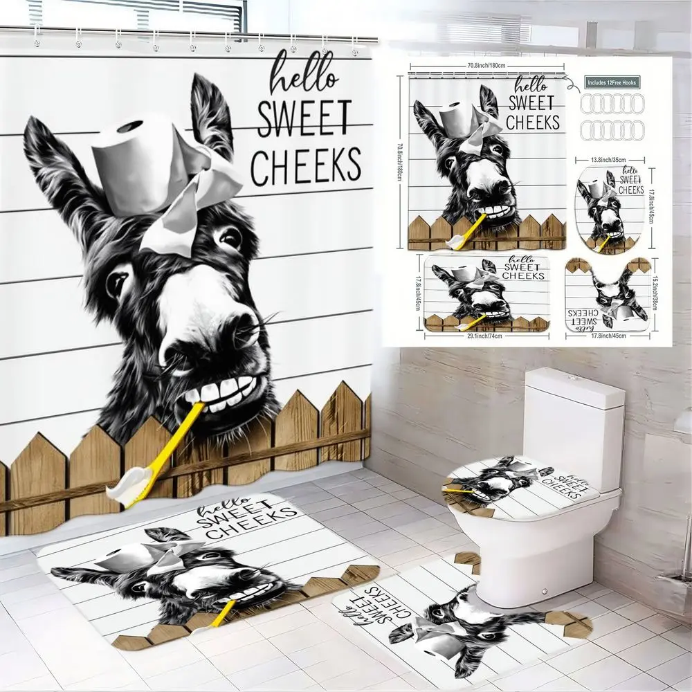 1/4pcs Hello Sweet Cheeks Donkey Bathroom Set - Shower Curtain with Donkey Wearing Toilet Paper & Toothbrush, Matching Bath Mats & Toilet Lid Cover, Farmhouse Bathroom Decor for Easter, Mother's Day, Birthday Gifts, Bathroom Decoration Accessories