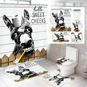 1/4pcs Hello Sweet Cheeks Donkey Bathroom Set - Shower Curtain with Donkey Wearing Toilet Paper & Toothbrush, Matching Bath Mats & Toilet Lid Cover, Whimsical Farmhouse Bathroom Decor for Easter, Mother's Day, Birthday Gifts, Shower Curtain Sets