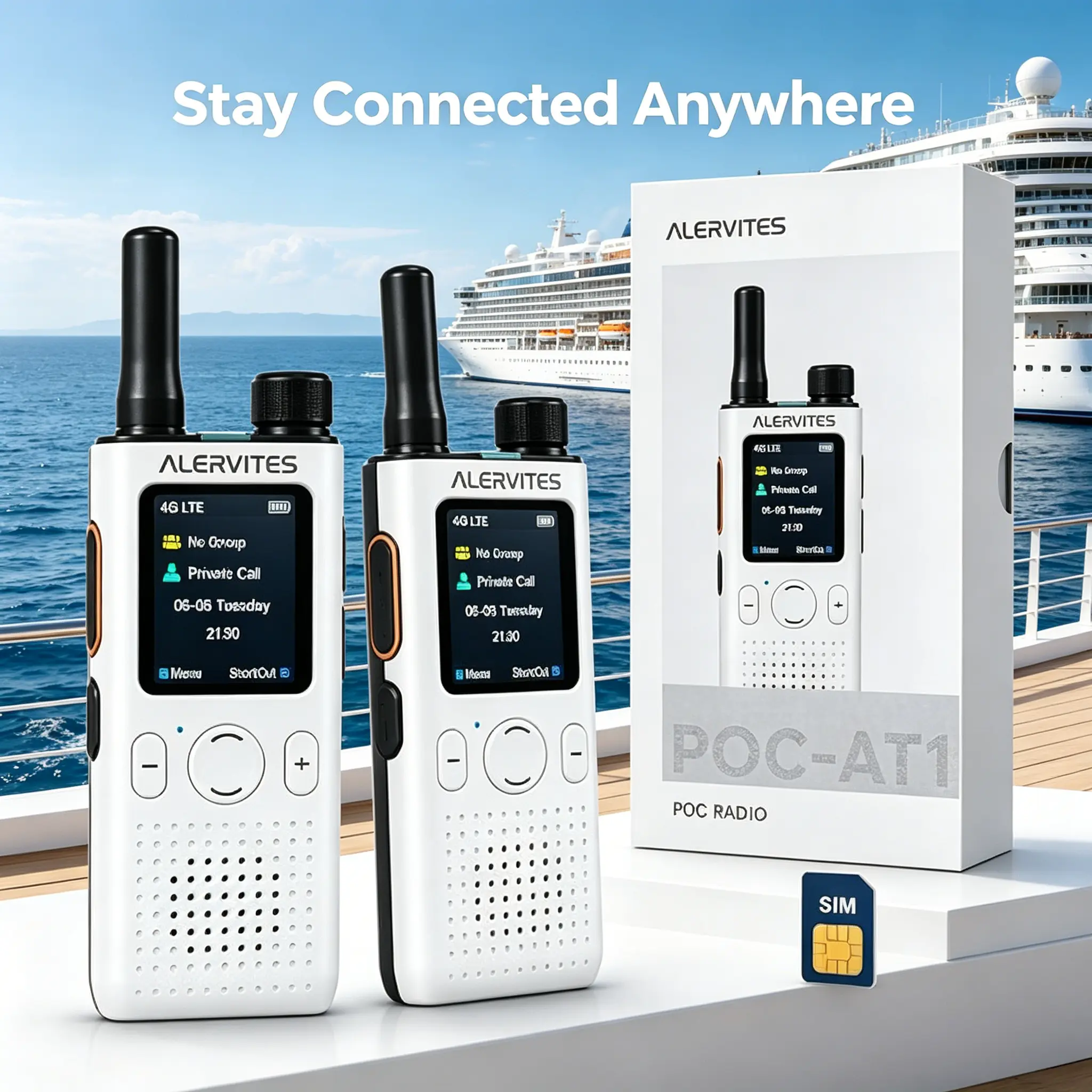 PoC-AT1 PoC Radio Walkie Talkies, LTE Network Two Way Radios, Group & Private Calls, App Group Management, 3-Year SIM Plan, USB-C Charging, White, 2 Pack, At&T, T-Mobile