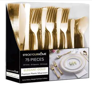 75 Pieces Heavy Duty (Gold) Plastic Silverware Set, Disposable Cutlery Set, Great for Parties, Weddings, and Catering, Flatware Utensils Included: 25 Forks, 25 Spoons, 25 Knives Sturdy Tableware