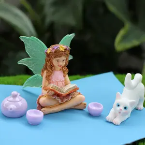 Flower Fairy Combination with Fluorescent Wings Reading Flower Fairy, Cat and Teapot, Valentine's Day Christmas Bonsai Decoration Home Decor Accessory Garden Sculptures Statues Home Decor Ornament